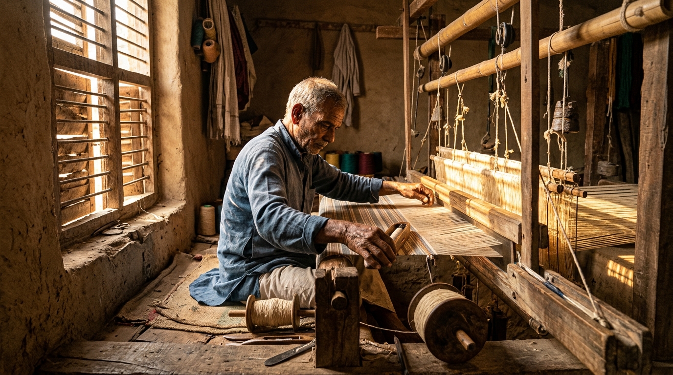 Master weaver at traditional handloom pit loom in Mailairaiganj Barabanki