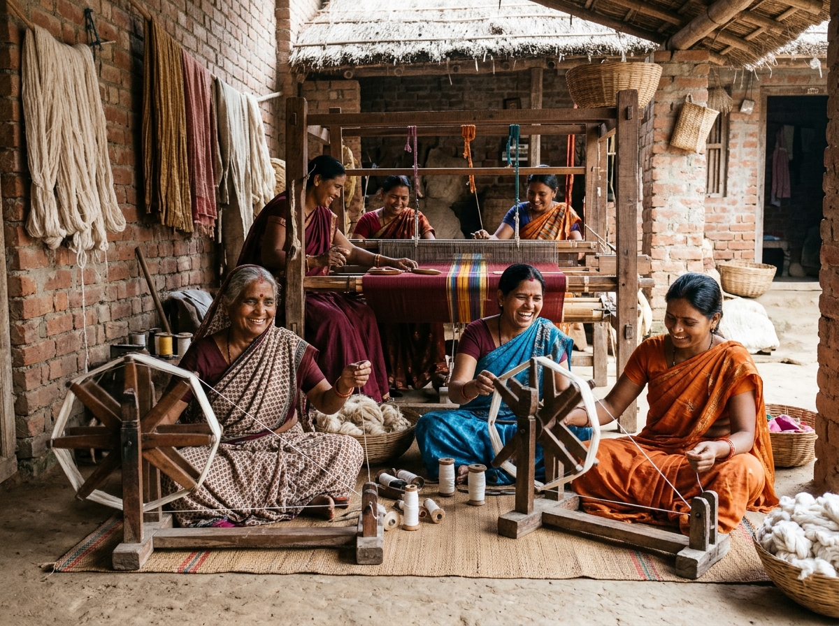 Sitapur women weavers spinning charkha threads and weaving together